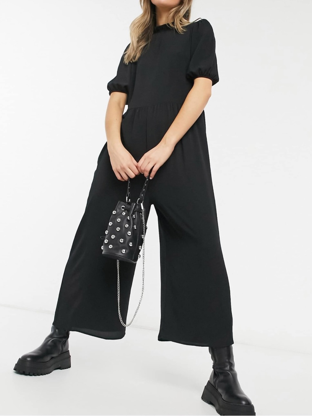ASOS DESIGN Frill-Neck Smock Jumpsuit in Black Size US 4 LIKE NEW